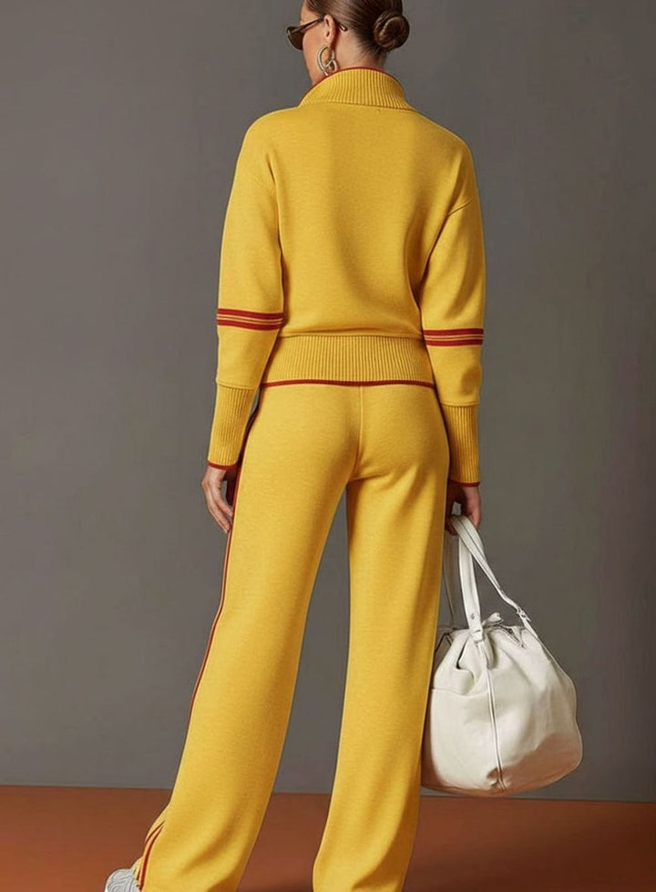 Women's Two-Piece Wide Leg Pants Set Half-Zip Striped Sweater