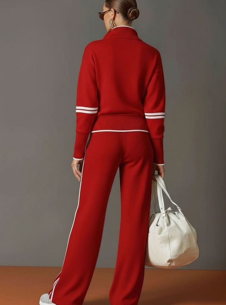 Women's Two-Piece Wide Leg Pants Set Half-Zip Striped Sweater