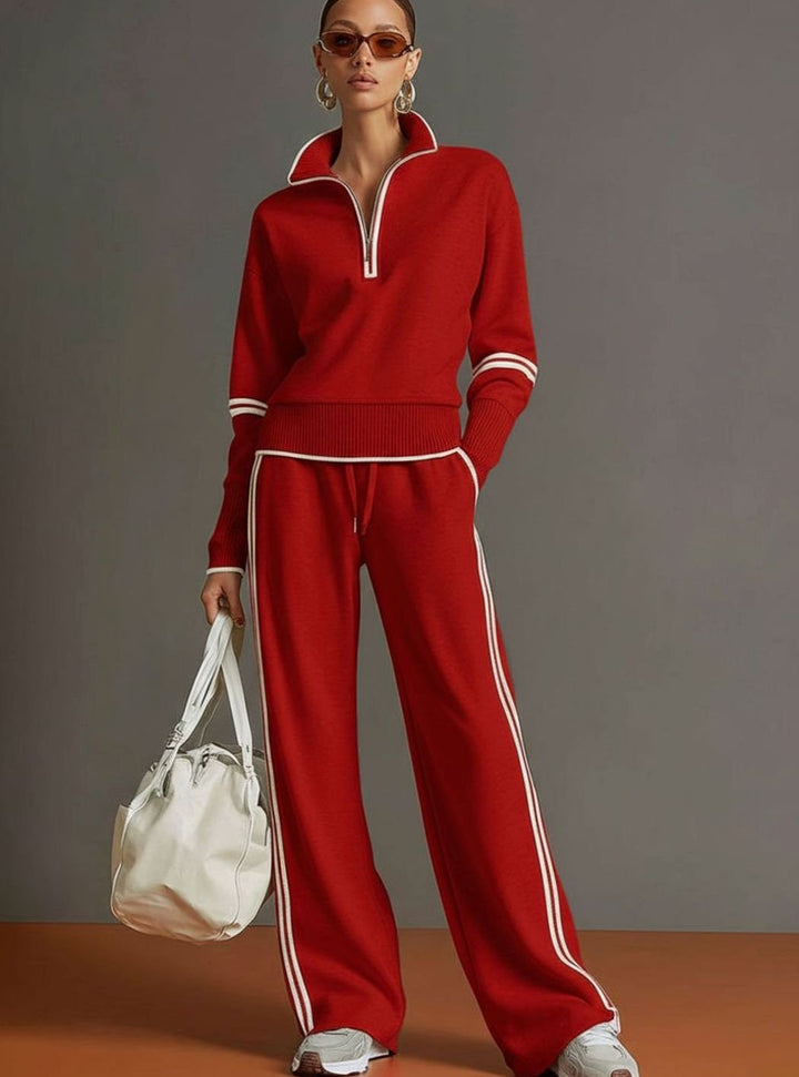 Women's Two-Piece Wide Leg Pants Set Half-Zip Striped Sweater - Red