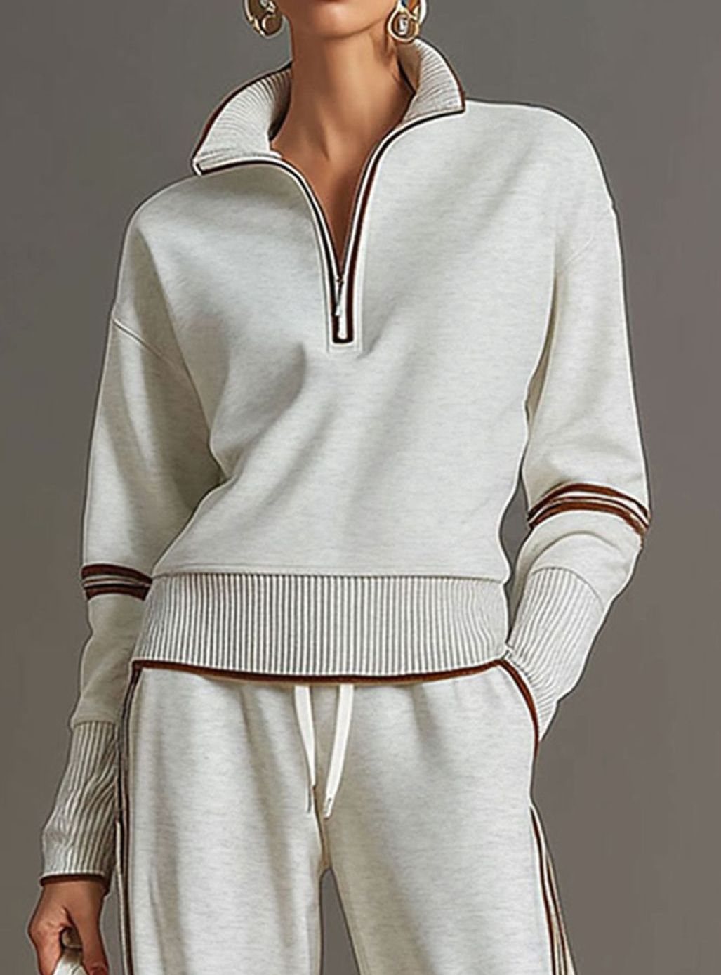 Women's Two-Piece Wide Leg Pants Set Half-Zip Striped Sweater