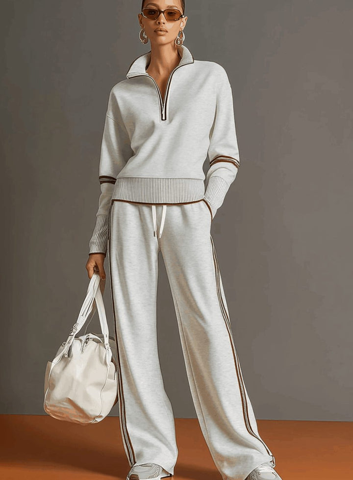 Women's Two-Piece Wide Leg Pants Set Half-Zip Striped Sweater