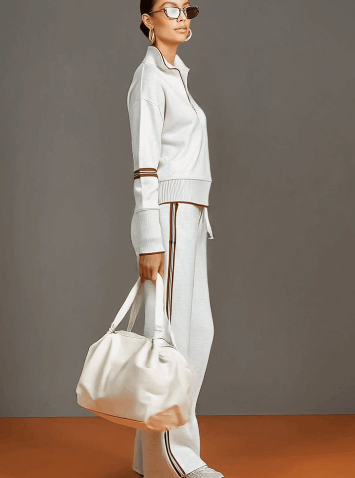 Women's Two-Piece Wide Leg Pants Set Half-Zip Striped Sweater