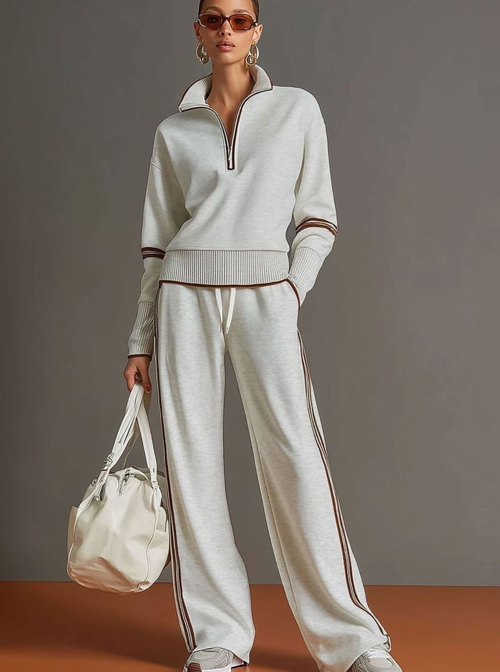 Women's Two-Piece Wide Leg Pants Set Half-Zip Striped Sweater