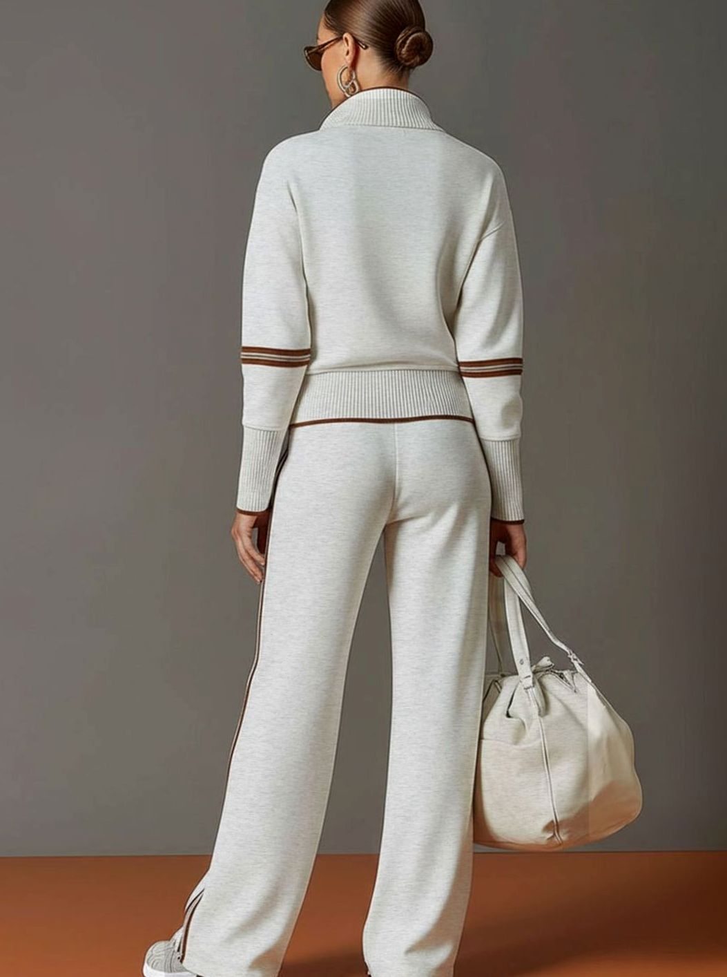Women's Two-Piece Wide Leg Pants Set Half-Zip Striped Sweater