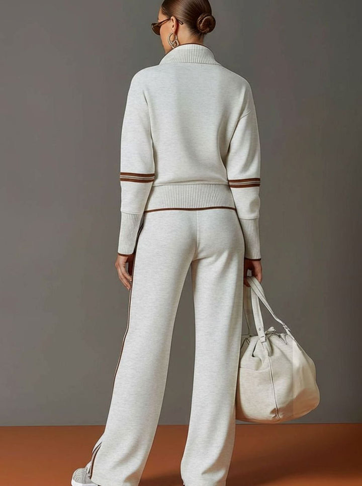 Women's Two-Piece Wide Leg Pants Set Half-Zip Striped Sweater