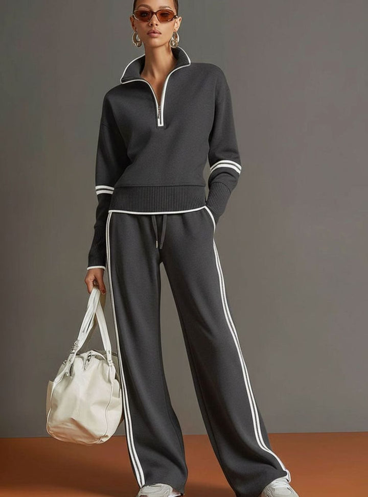 Women's Two-Piece Wide Leg Pants Set Half-Zip Striped Sweater - Dark Gray