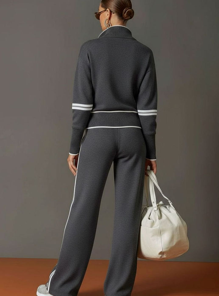 Women's Two-Piece Wide Leg Pants Set Half-Zip Striped Sweater