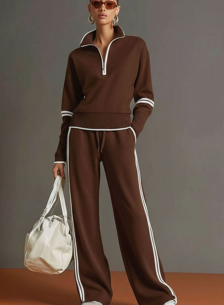 Women's Two-Piece Wide Leg Pants Set Half-Zip Striped Sweater - Brown