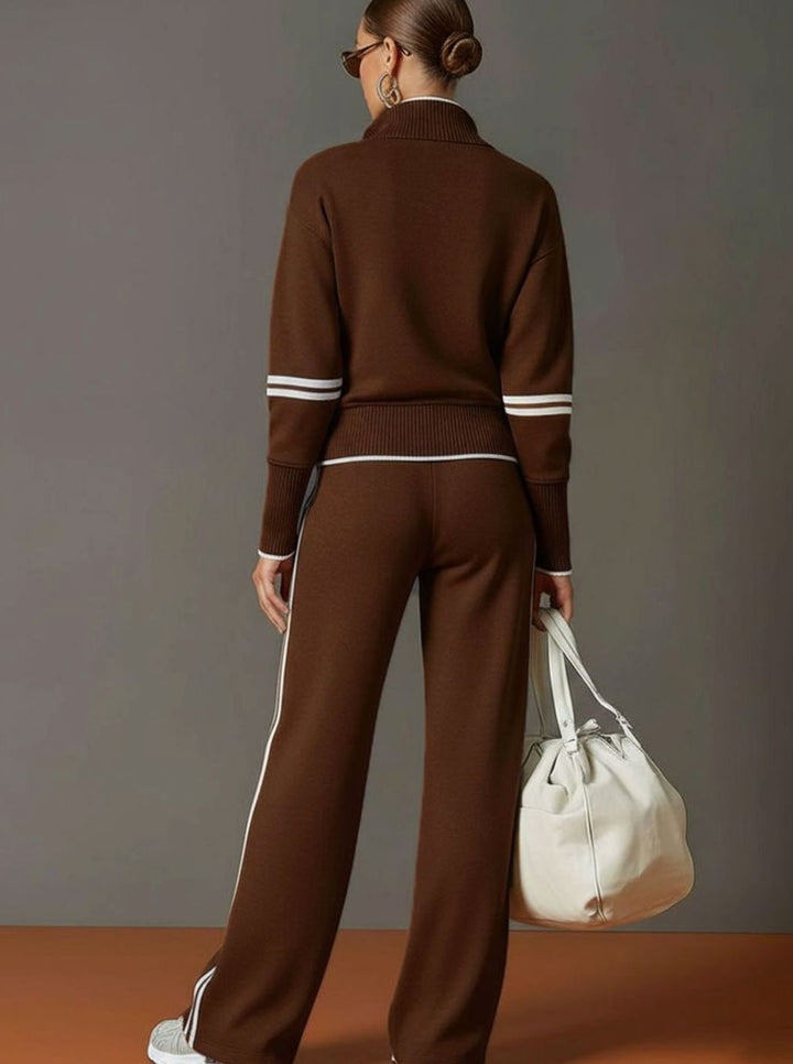 Women's Two-Piece Wide Leg Pants Set Half-Zip Striped Sweater
