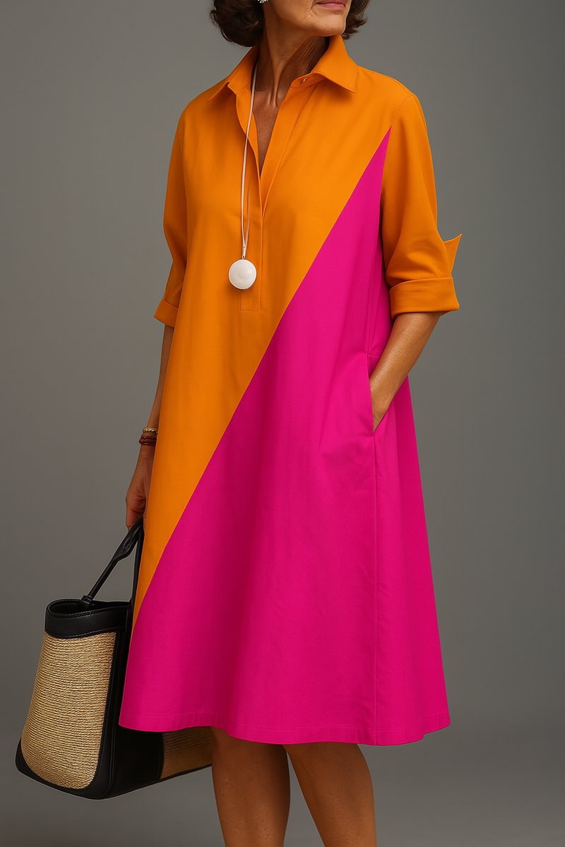 Women's Two-Tone A-Line Midi Cocktail Dress - Orange Pink