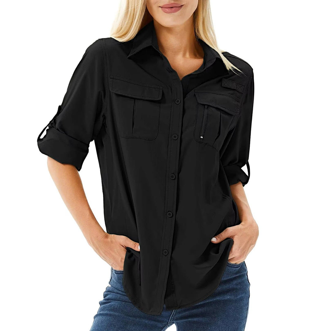 Women's UPF 50 Roll-Up Sleeve Outdoor Hiking Shirt - Black