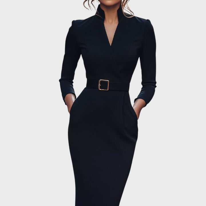 Women's V-Neck 3/4 Sleeve Belted Pencil Midi Dress