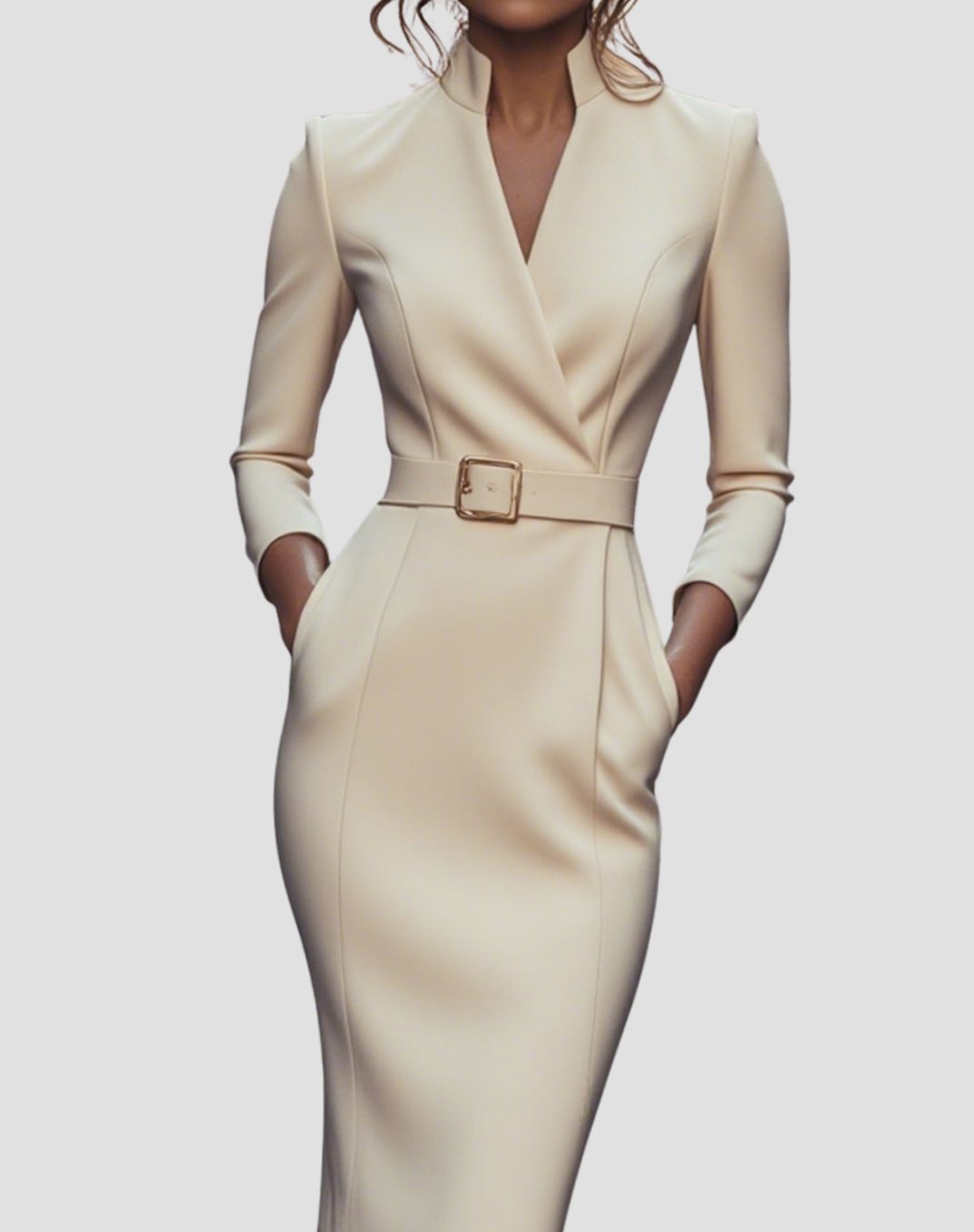 Women's V-Neck 3/4 Sleeve Belted Pencil Midi Dress - Apricot