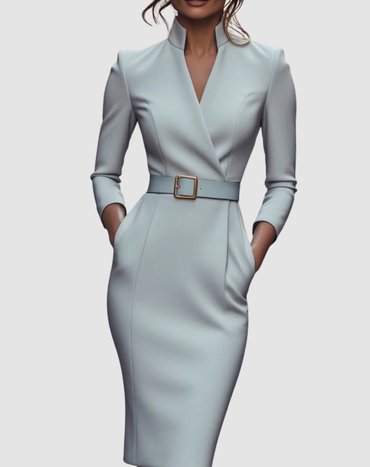 Women's V-Neck 3/4 Sleeve Belted Pencil Midi Dress - Grey