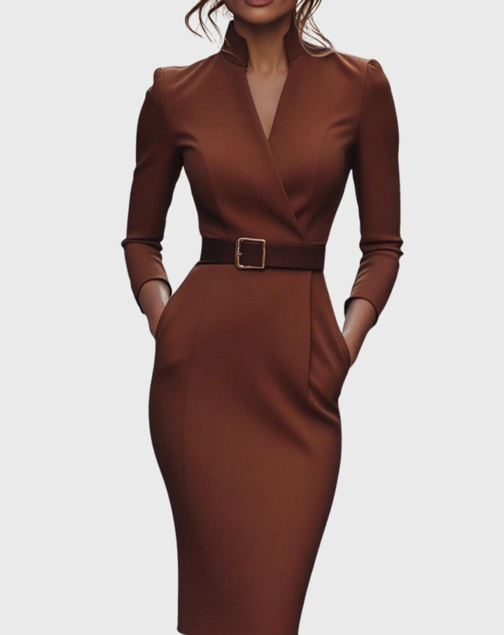 Women's V-Neck 3/4 Sleeve Belted Pencil Midi Dress - Brick Red