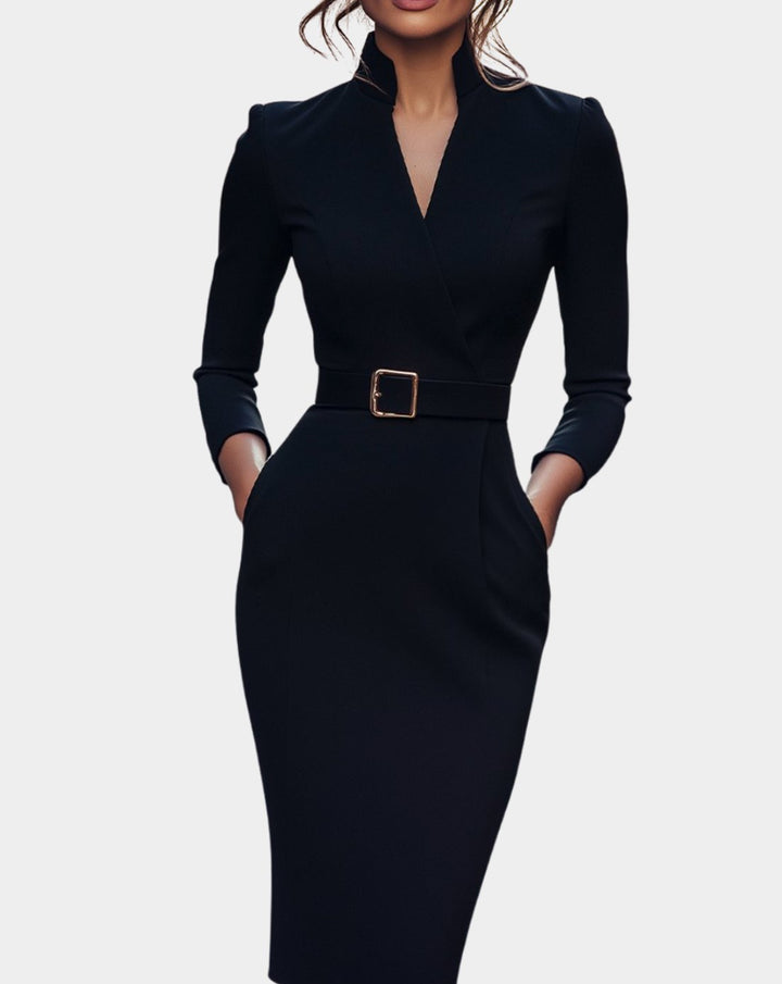 Women's V-Neck 3/4 Sleeve Belted Pencil Midi Dress - Black