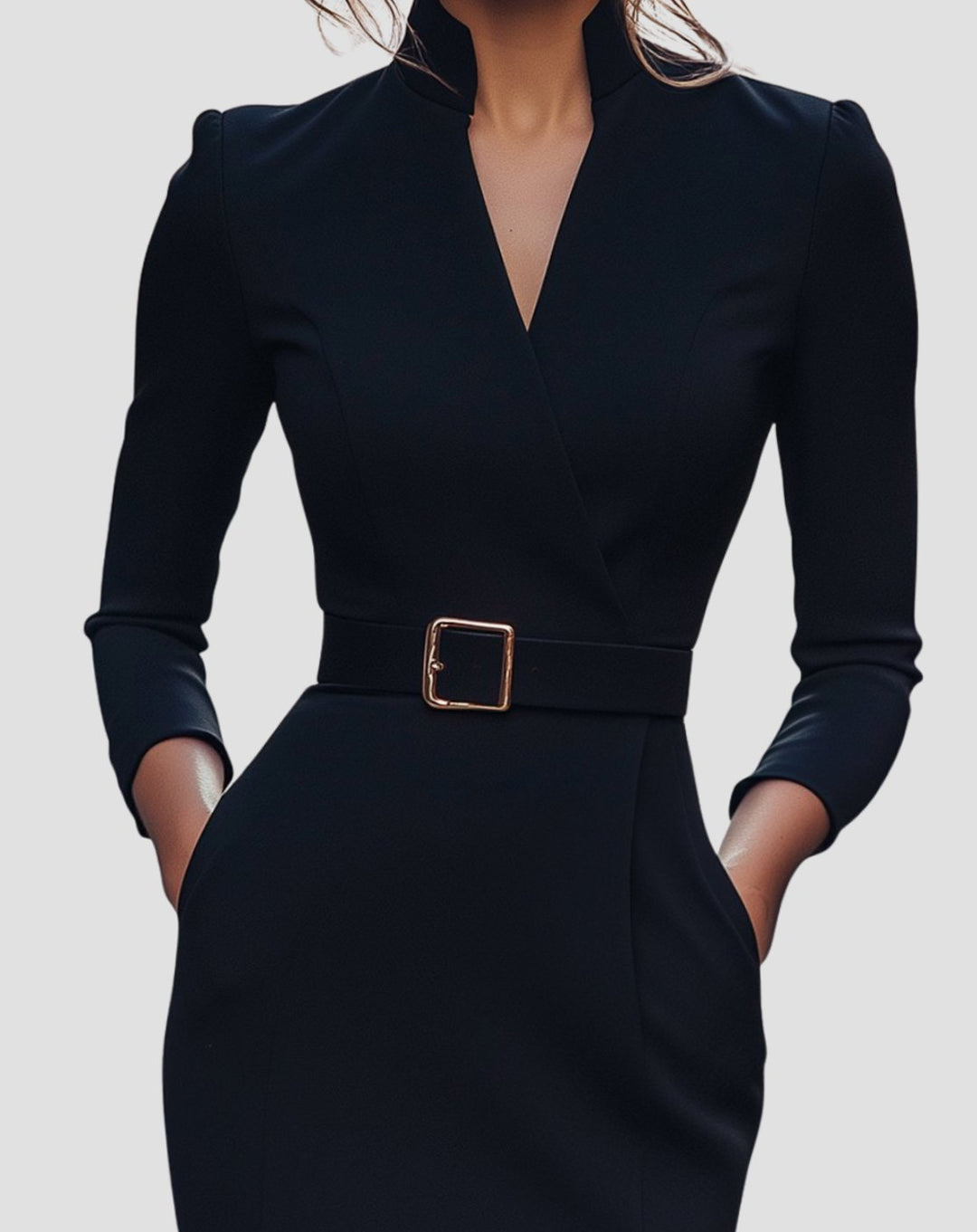 Women's V-Neck 3/4 Sleeve Belted Pencil Midi Dress