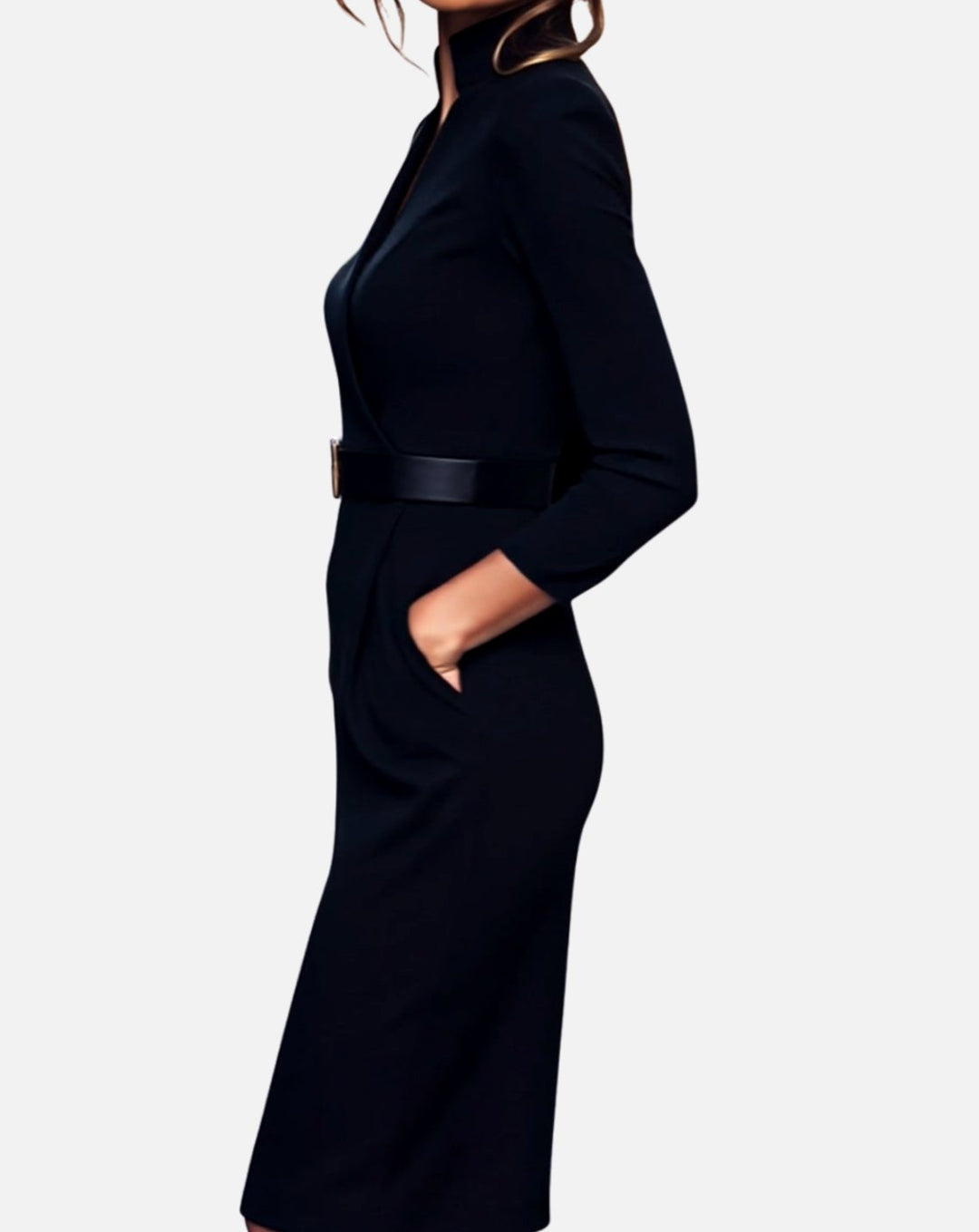 Women's V-Neck 3/4 Sleeve Belted Pencil Midi Dress