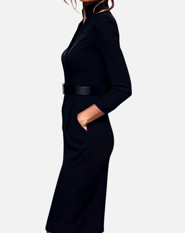 Women's V-Neck 3/4 Sleeve Belted Pencil Midi Dress