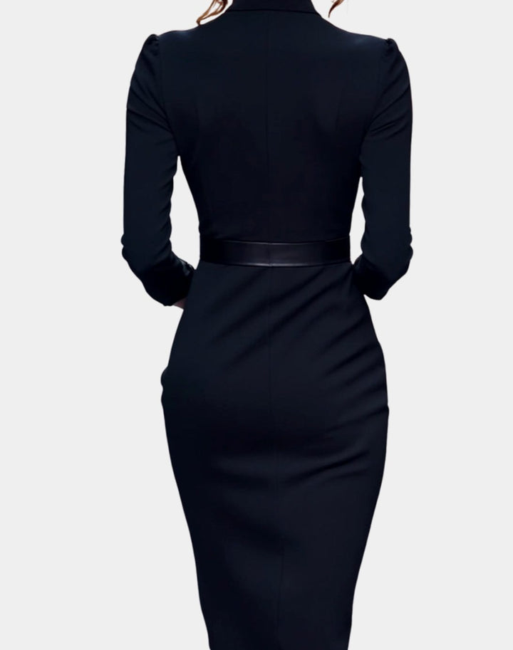 Women's V-Neck 3/4 Sleeve Belted Pencil Midi Dress