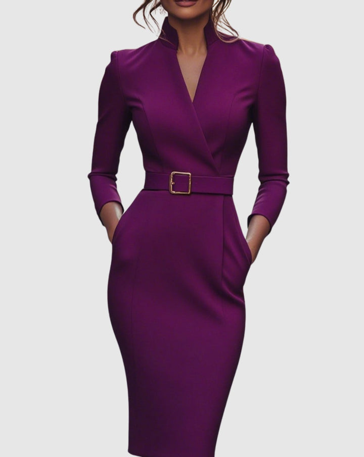 Women's V-Neck 3/4 Sleeve Belted Pencil Midi Dress