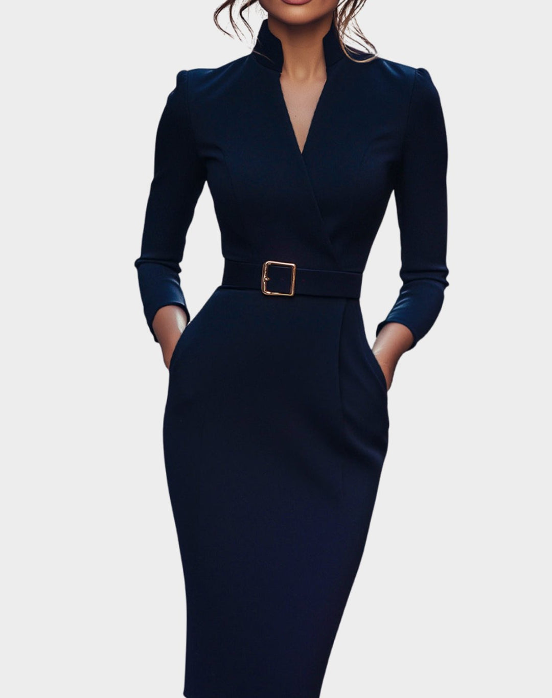 Women's V-Neck 3/4 Sleeve Belted Pencil Midi Dress - Navy Blue