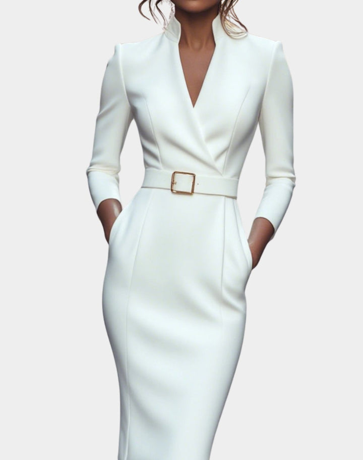 Women's V-Neck 3/4 Sleeve Belted Pencil Midi Dress - White