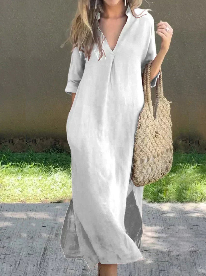 Women's V-Neck 3/4 Sleeve Cotton Linen Maxi Dress - White