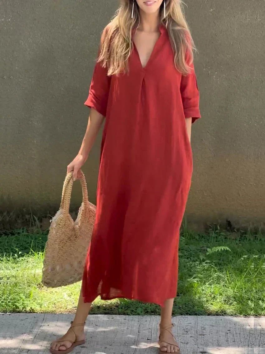 Women's V-Neck 3/4 Sleeve Cotton Linen Maxi Dress
