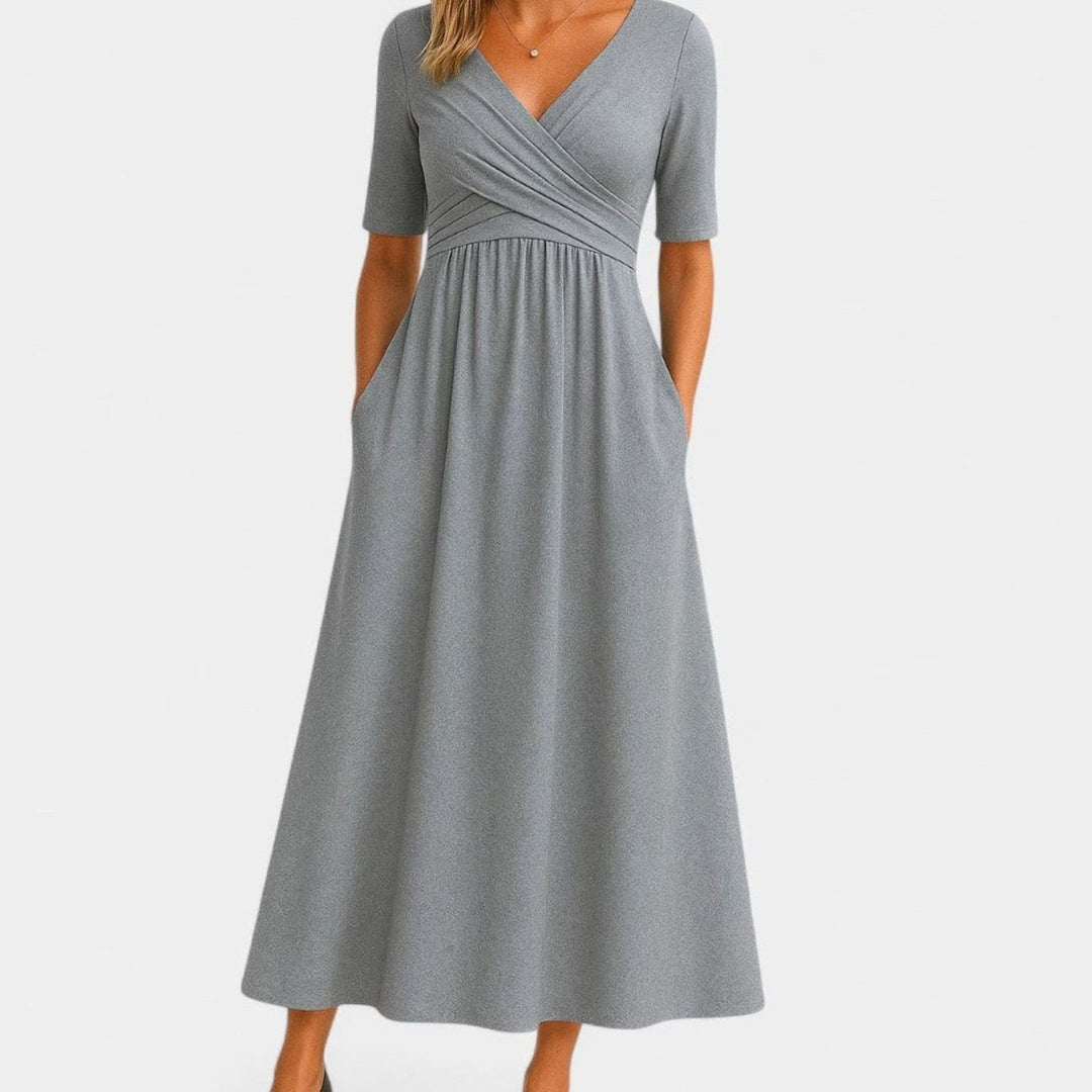 Women's V-Neck A-Line Midi Summer Dress Short Sleeve Ruched Waist - Gray