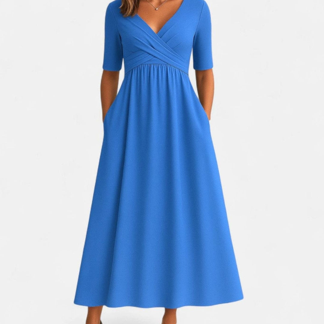 Women's V-Neck A-Line Midi Summer Dress Short Sleeve Ruched Waist - Azure Blue