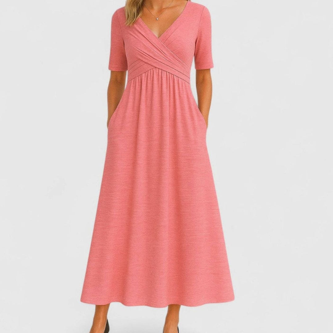 Women's V-Neck A-Line Midi Summer Dress Short Sleeve Ruched Waist - Pink