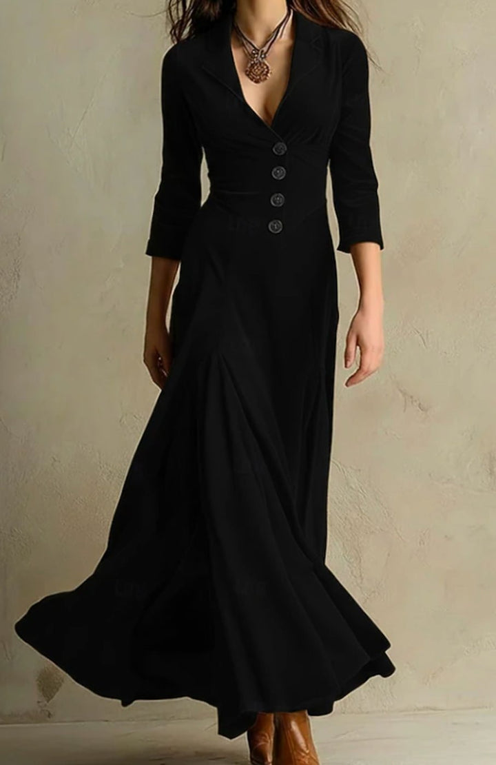 Women's V-Neck Button-Front Flared Maxi Dress - Black