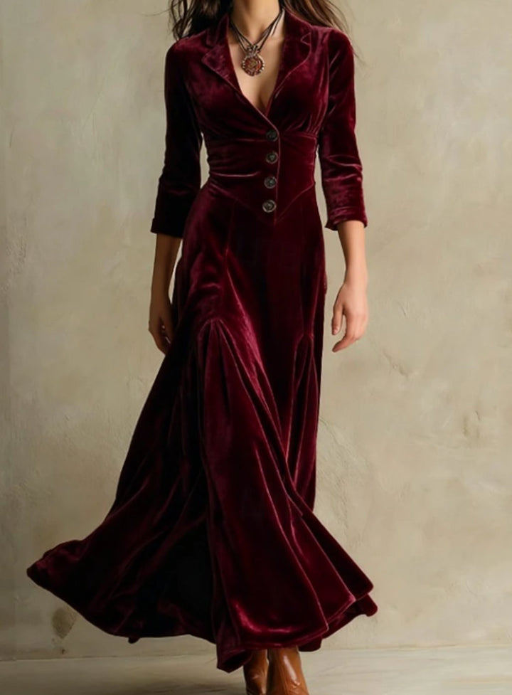 Women's V-Neck Button-Front Flared Maxi Dress - Burgundy