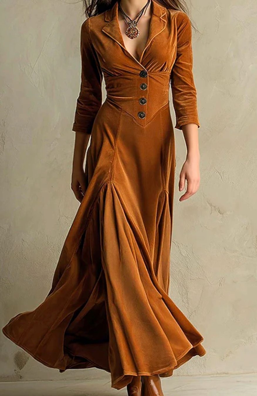 Women's V-Neck Button-Front Flared Maxi Dress - Brown