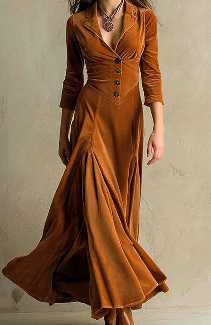 Women's V-Neck Button-Front Flared Maxi Dress - Brown
