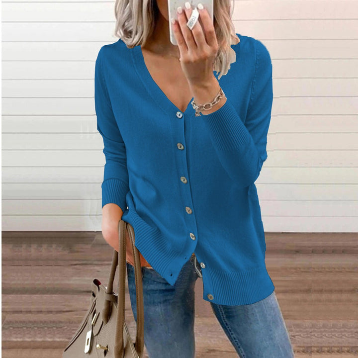 Women's V-Neck Button-Front Long Sleeve Knit Cardigan - Blue