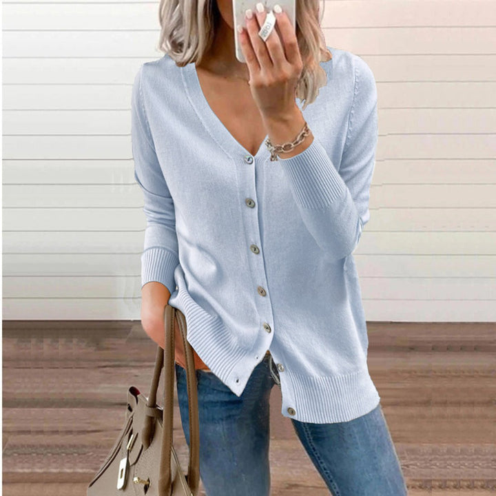 Women's V-Neck Button-Front Long Sleeve Knit Cardigan - Sky Blue