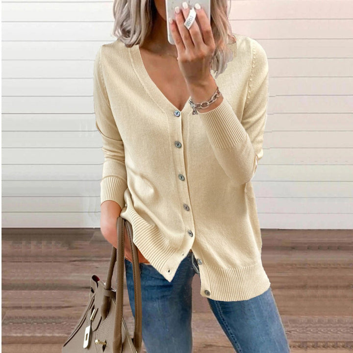 Women's V-Neck Button-Front Long Sleeve Knit Cardigan - Beige