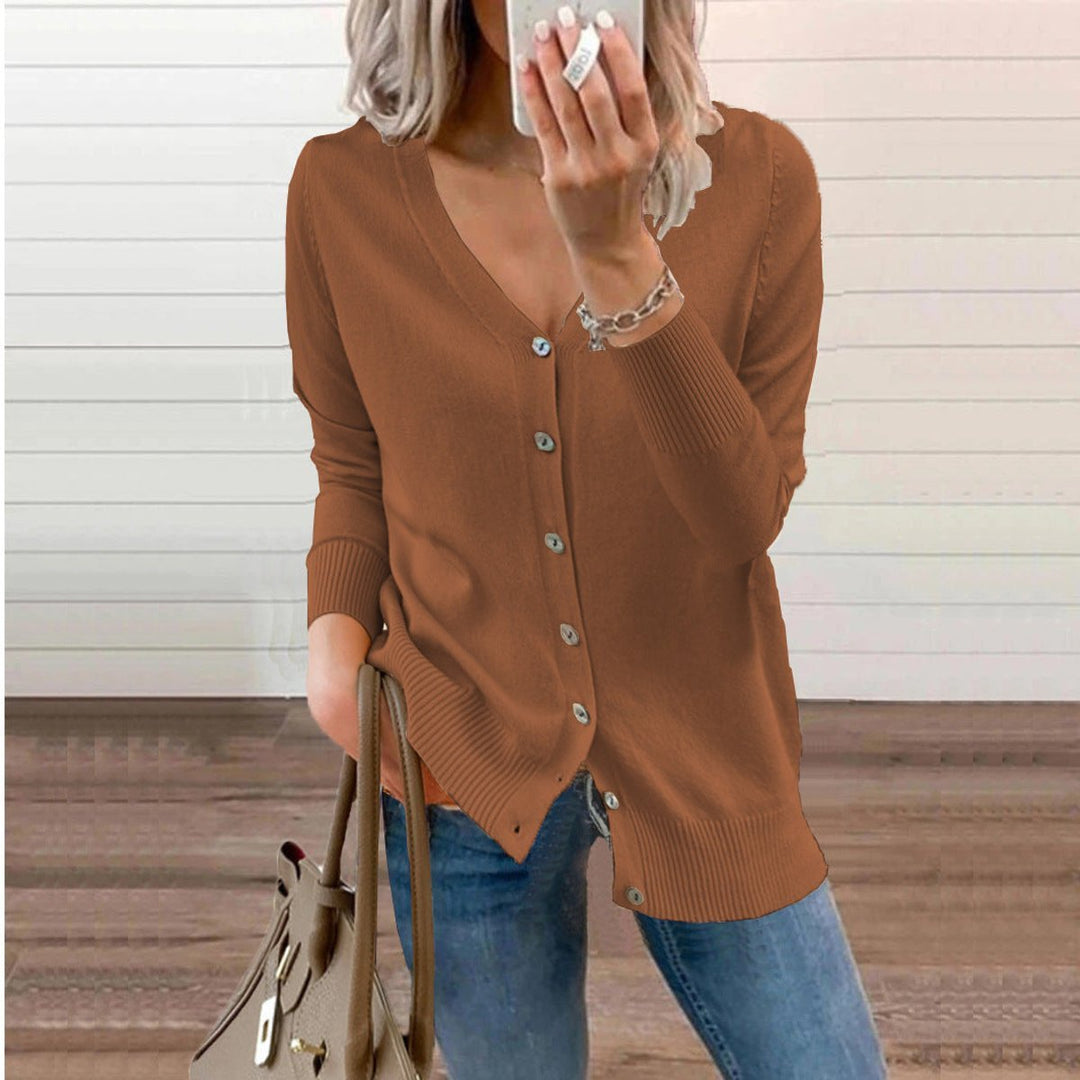 Women's V-Neck Button-Front Long Sleeve Knit Cardigan - Brown