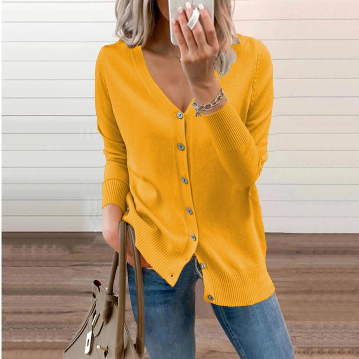 Women's V-Neck Button-Front Long Sleeve Knit Cardigan - Yellow