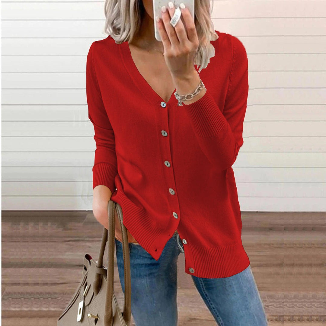 Women's V-Neck Button-Front Long Sleeve Knit Cardigan - Red