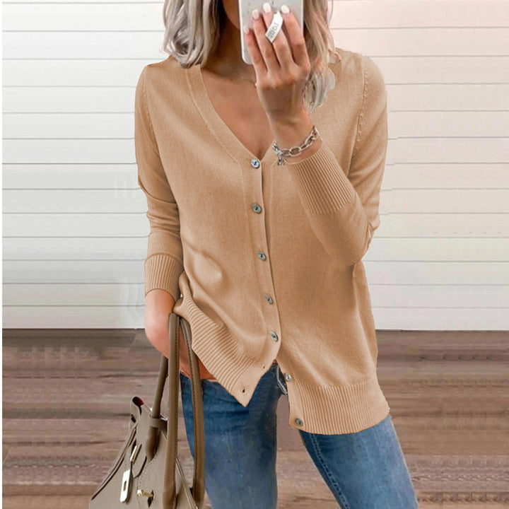 Women's V-Neck Button-Front Long Sleeve Knit Cardigan - Camel
