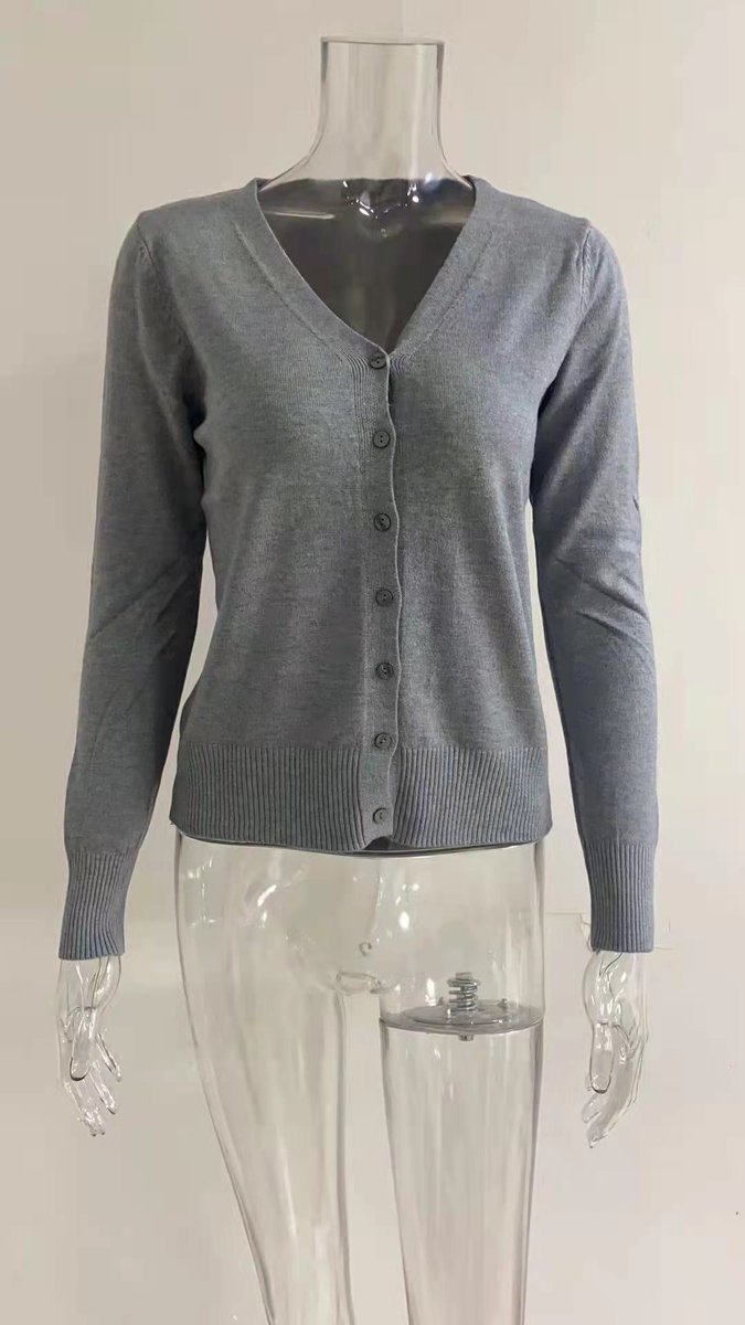 Women's V-Neck Button-Front Long Sleeve Knit Cardigan - Gray