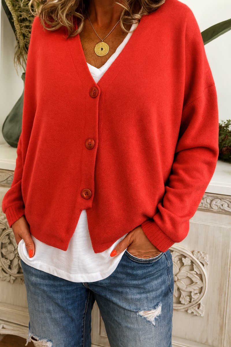 Women's V-Neck Button-Front Soft Knit Cardigan - Red
