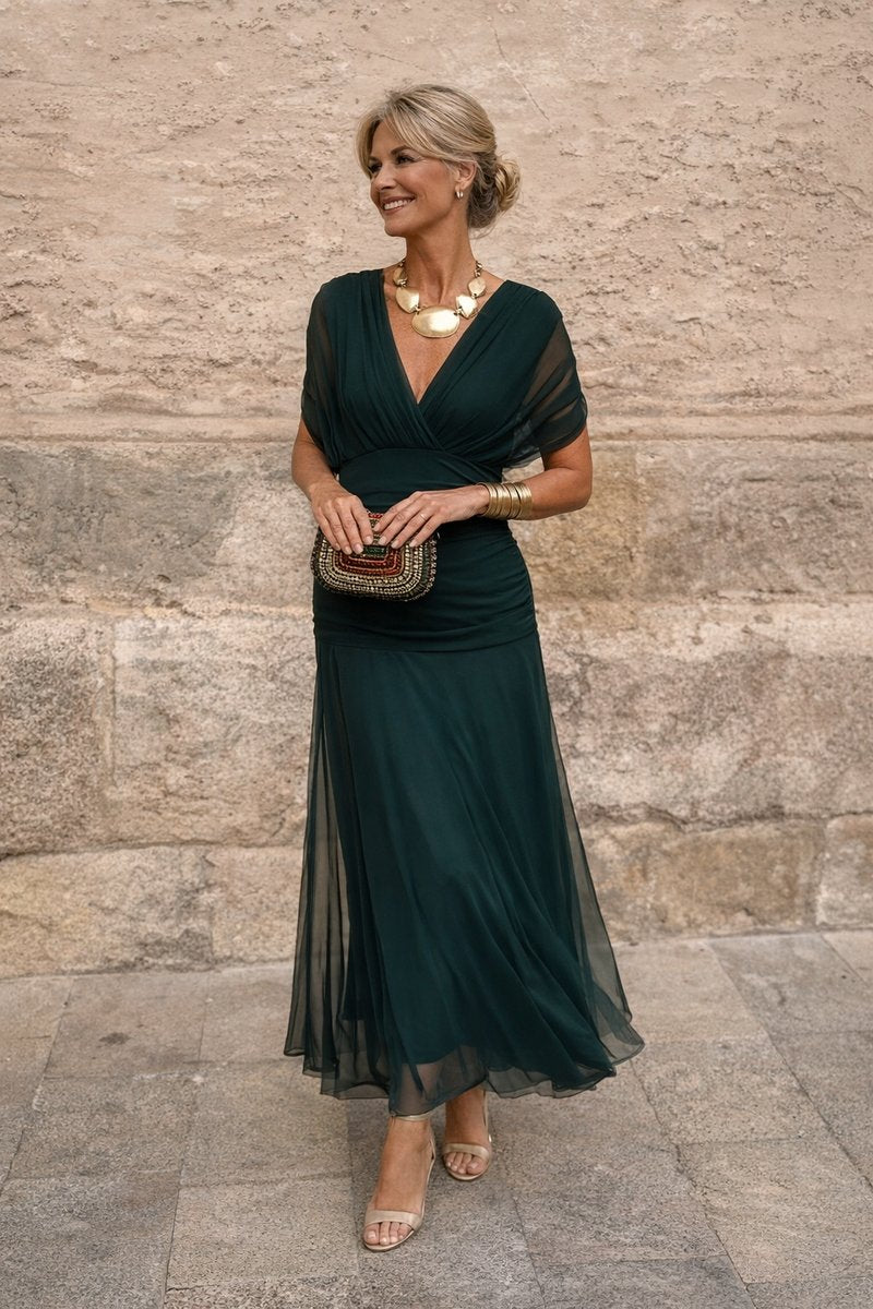 Women's V-Neck Chiffon Cocktail Party Dress Pleated Maxi Gown - Bottle Green