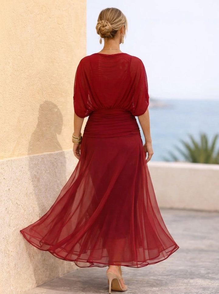 Women's V-Neck Chiffon Cocktail Party Dress Pleated Maxi Gown