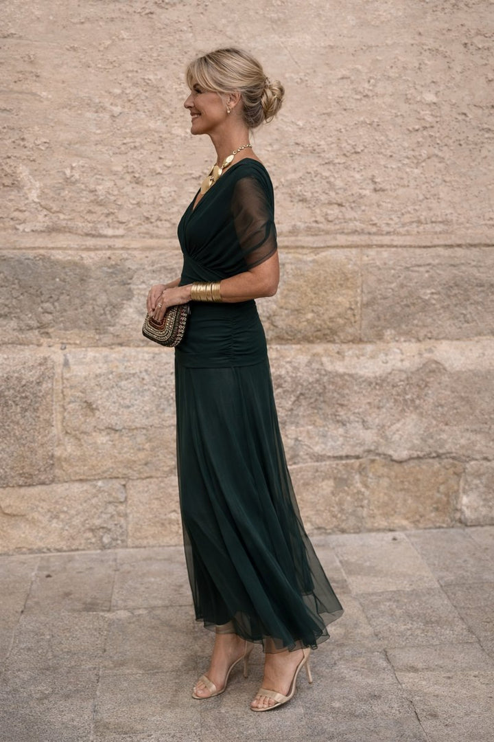 Women's V-Neck Chiffon Cocktail Party Dress Pleated Maxi Gown