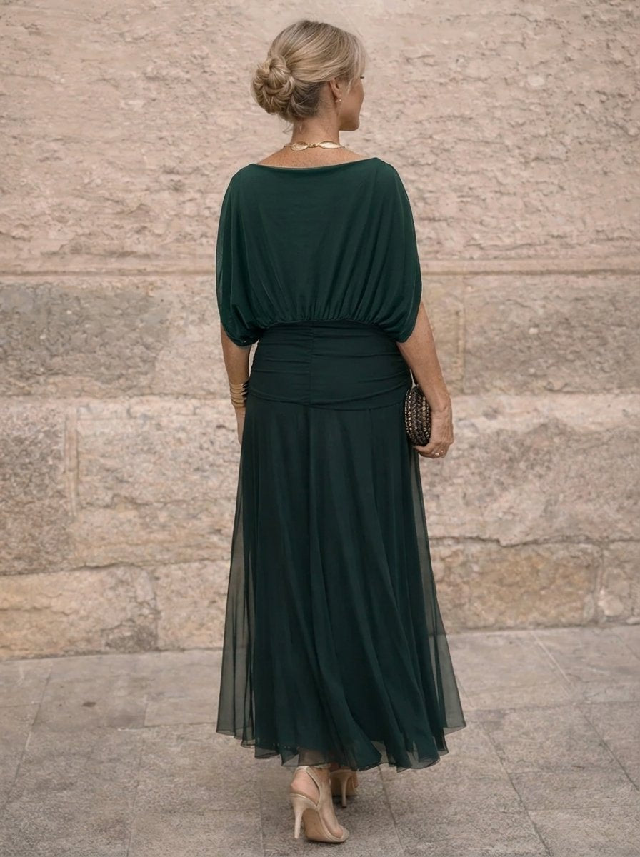 Women's V-Neck Chiffon Cocktail Party Dress Pleated Maxi Gown