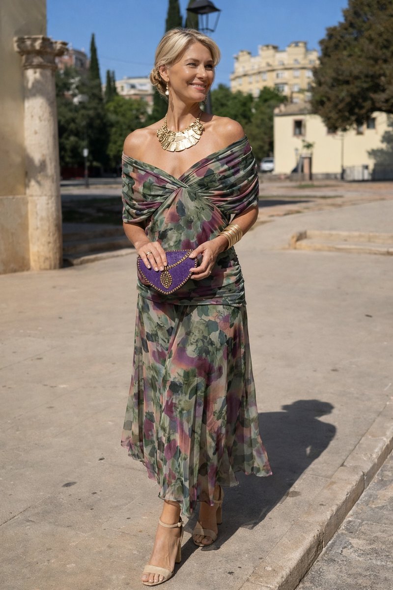 Women's V-Neck Chiffon Cocktail Party Dress Pleated Maxi Gown - Bouquet